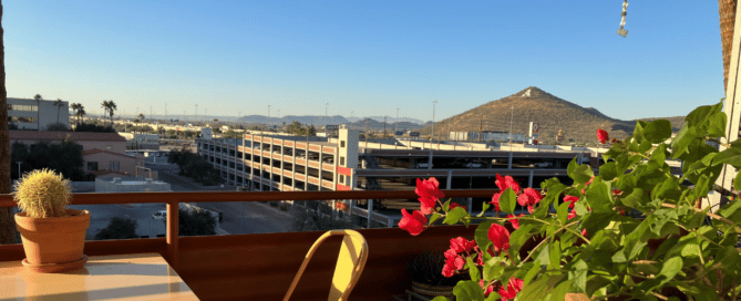 Photo of Tucson balcony with A mountain, plants, sunlight. My morning view Loss in a time of Thanksgiving